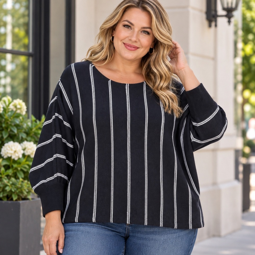 Magaschoni NWT Woman Black White Striped Viscose Blend Sweater 3X